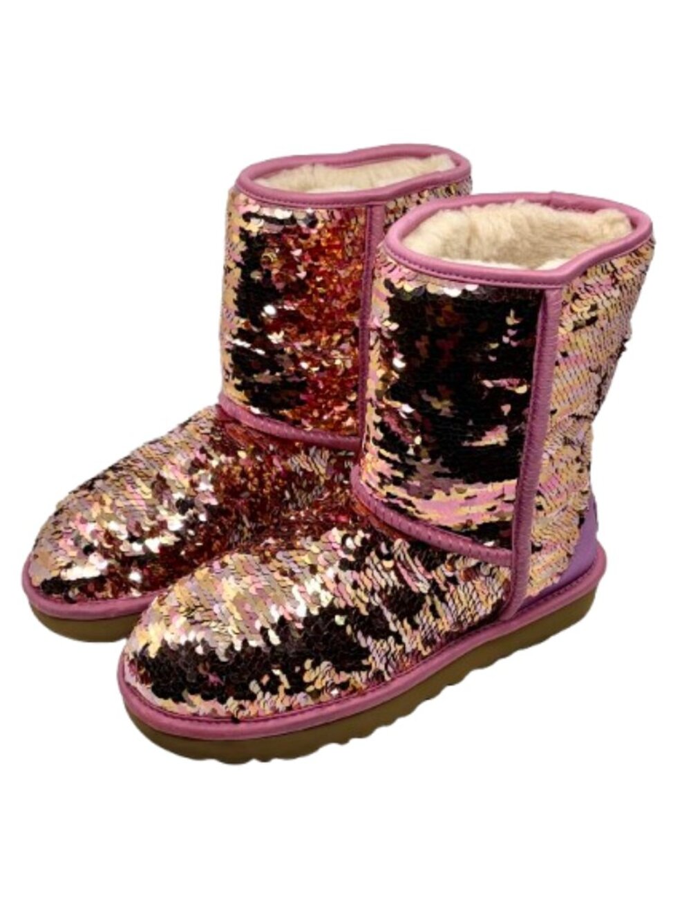 UGG Classic Short~HYPER SPARKLE Shearling Womens Boots PINK SEQUIN Sz 7 NEAR NEW